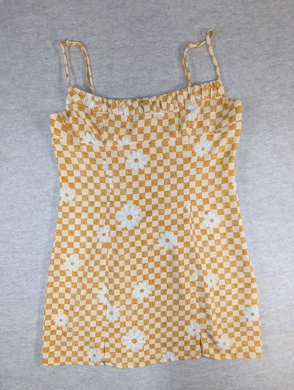 70s Style Golden Tan Yellow Checkered Daisy Slip Dress Summer Sun Mini Size L